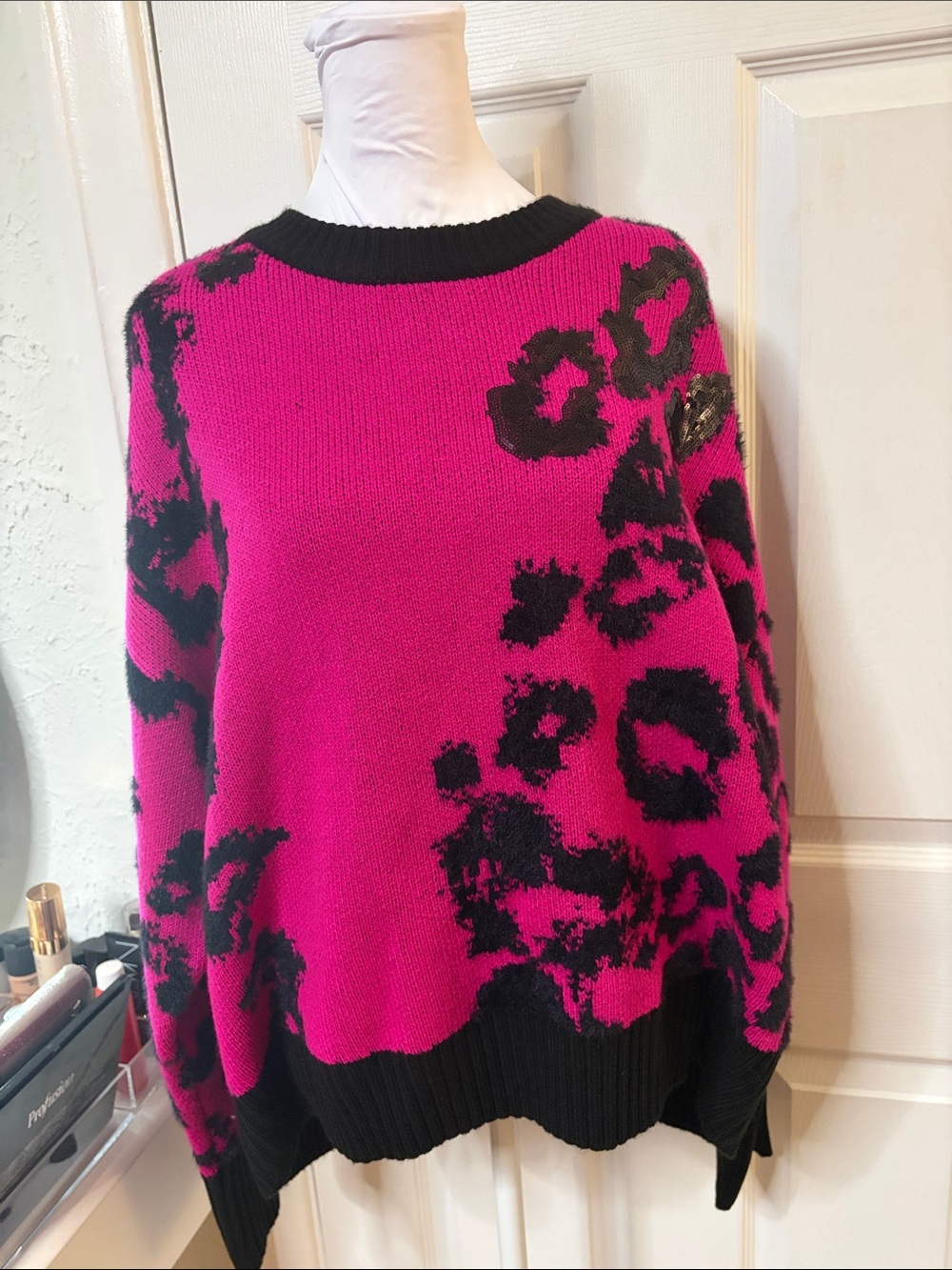 DKNY Hot Pink and Black Leopard Crewneck Sweater